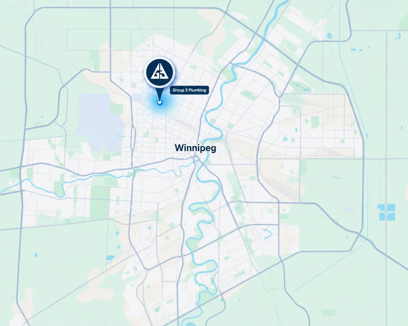 Group 3 Plumbing location pin on a map of Winnipeg