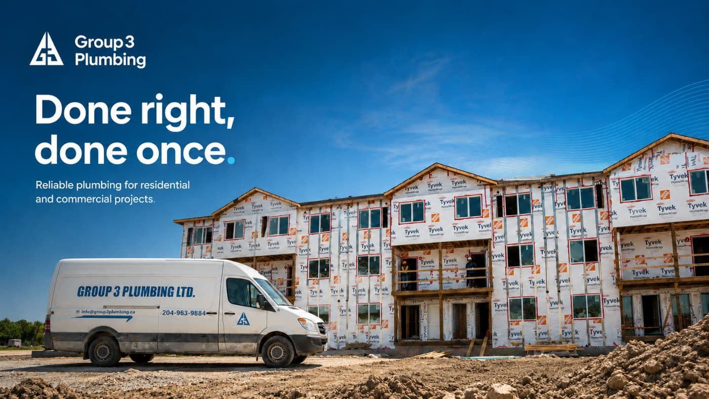 Group 3 Plumbing van parked at a residential construction site — Done right, done once.