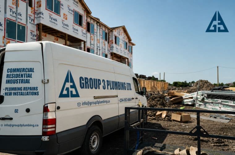 Group 3 Plumbing van at a multi-unit new-build site